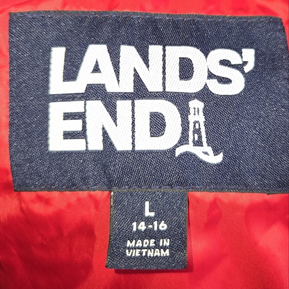 Lands' End Turquoise, Blue & Red Plaid Full Zip Down Puffer Vest Size L(14-16) - Picture 9 of 12